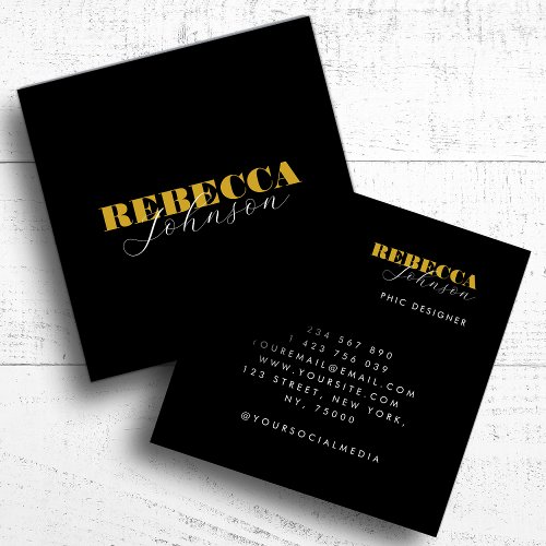 Gold  Black Bold Script Photo Minimal Typography Square Business Card