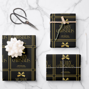 Gold & Black Bow Custom Family Name Christmas Wrapping Paper Sheets
