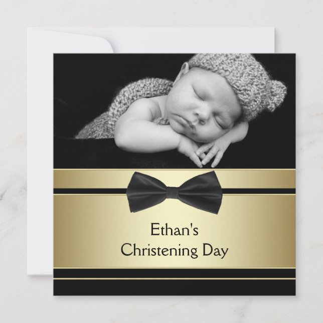 Gold Black Bow Tie Baby Boy Photo Christening Invitation (Front)
