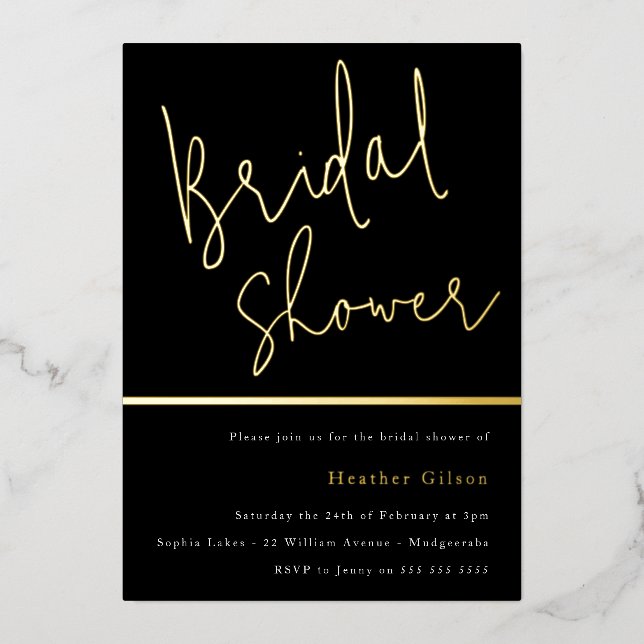 Gold & Black Bridal Shower Golden  Foil Invitation (Front)