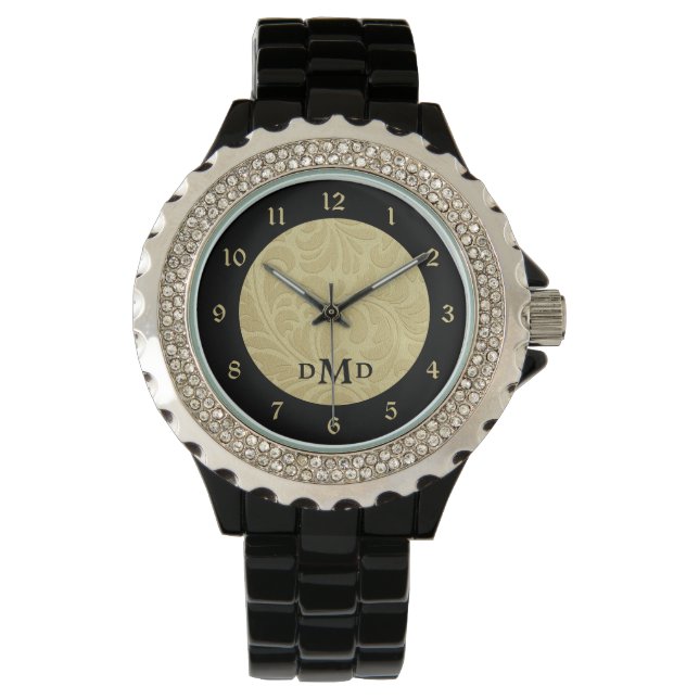 Gold Black Brocade Monogram Watch (Front)