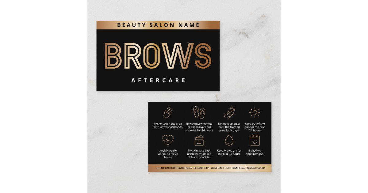 Gold Black Brows Aftercare PMU Brow Instructions Business Card | Zazzle