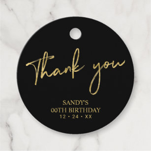 Gold & Black Brush Script Birthday Party Thank you Favor Tags