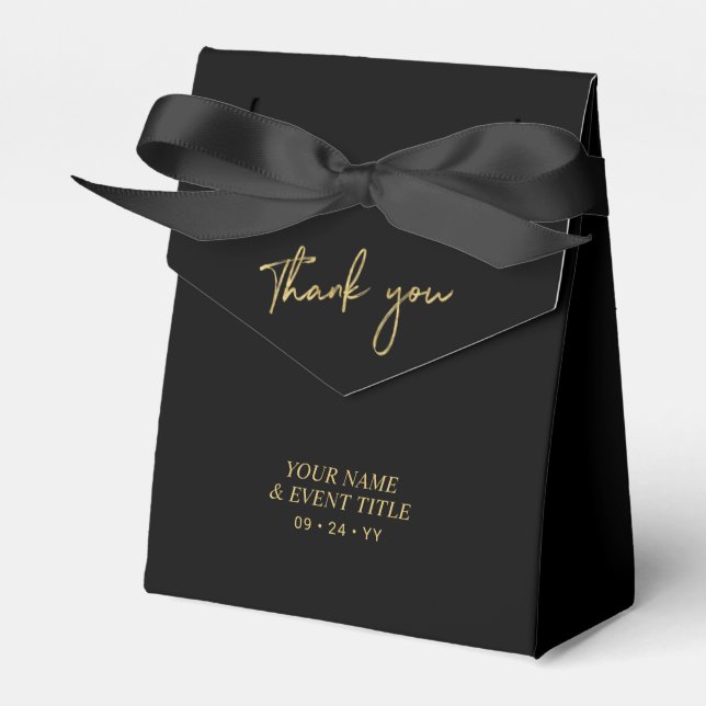Gold & Black | Brush Script Party Thank you Favor Boxes (Front Side)