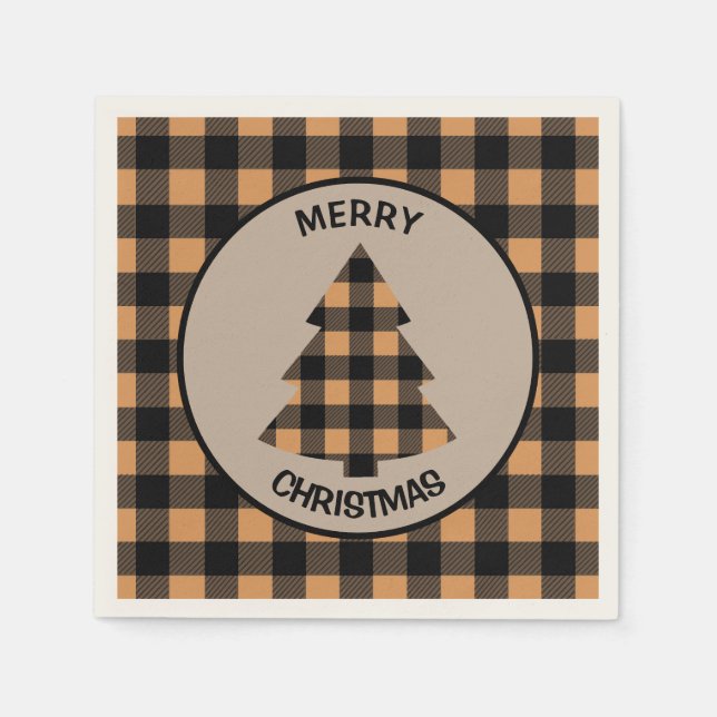 Gold Black Buffalo Plaid Christmas Tree Napkins (Front)