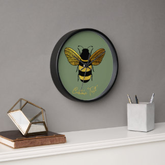 GOLD BLACK BUMBLEBEE CUSTOM CALLIGRAPHY TEXT BEE CLOCK