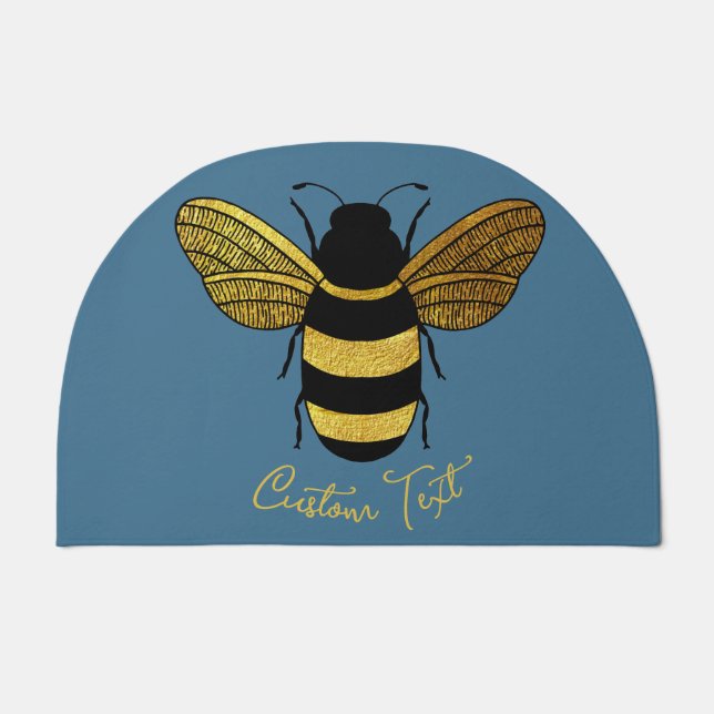 GOLD BLACK BUMBLEBEE SCRIPT TEXT BEE DENIM BLUE DOORMAT (Front)