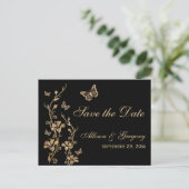 Gold, Black Butterflies Save the Date Postcard (Standing Front)