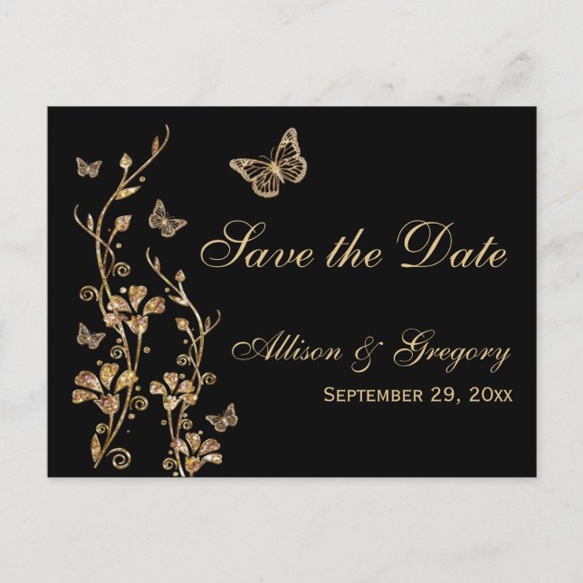 Gold, Black Butterflies Save the Date Postcard (Front)