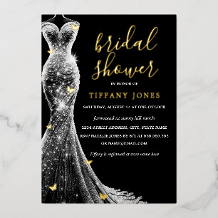 Gold Black Butterfly Dress Bridal Shower  Foil Invitation