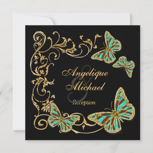 Gold black butterfly RECEPTION wedding engagement Personalized Invitations