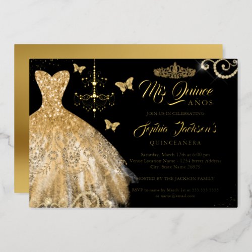 Gold Black Butterfly Tiara Dress Quinceanera Foil Invitation
