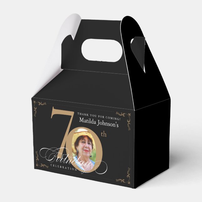 Gold Black Calligraphy Custom Photo 70th Birthday Favor Boxes (Front Side)