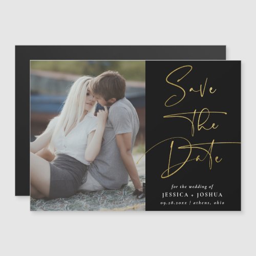 Gold  Black Calligraphy Photo Save the Date Magnetic Invitation