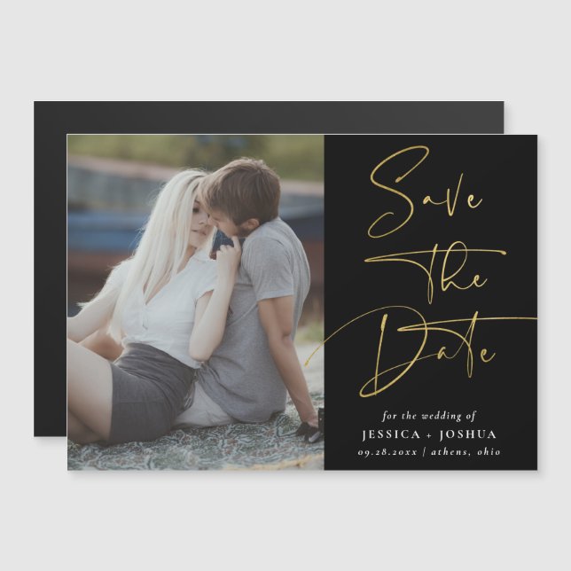 Gold & Black Calligraphy Photo Save the Date Magnetic Invitation (Front/Back)