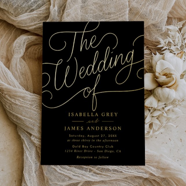 Gold Black Calligraphy Script Wedding  Foil Invitation (Creator Uploaded)