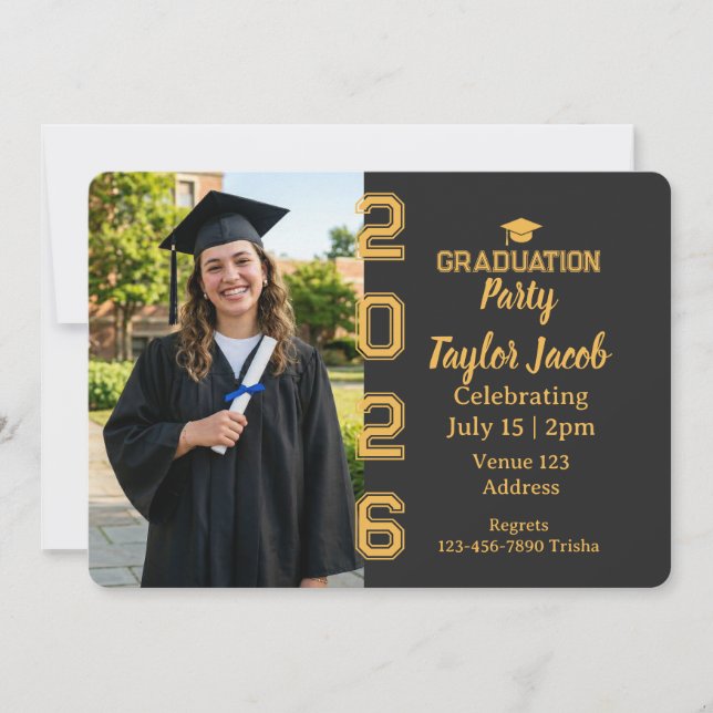 Gold Black Cap Year Picture Graduation Invitation (Front)