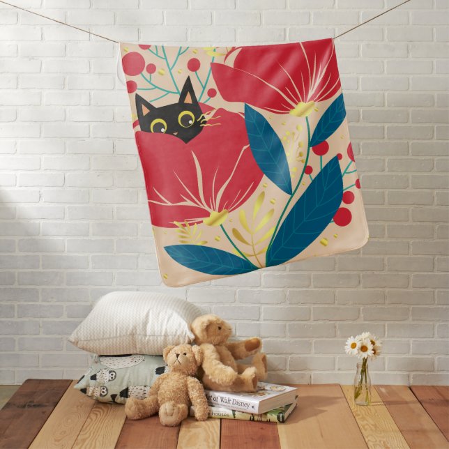 Gold Black Cat Garden Flowers Baby Blanket (In Situ)