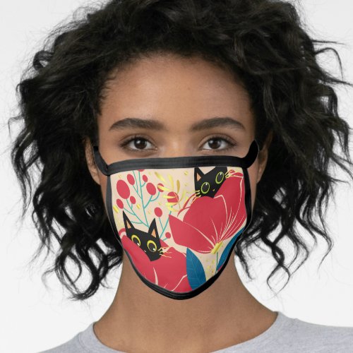 Gold Black Cat Garden Flowers Face Mask