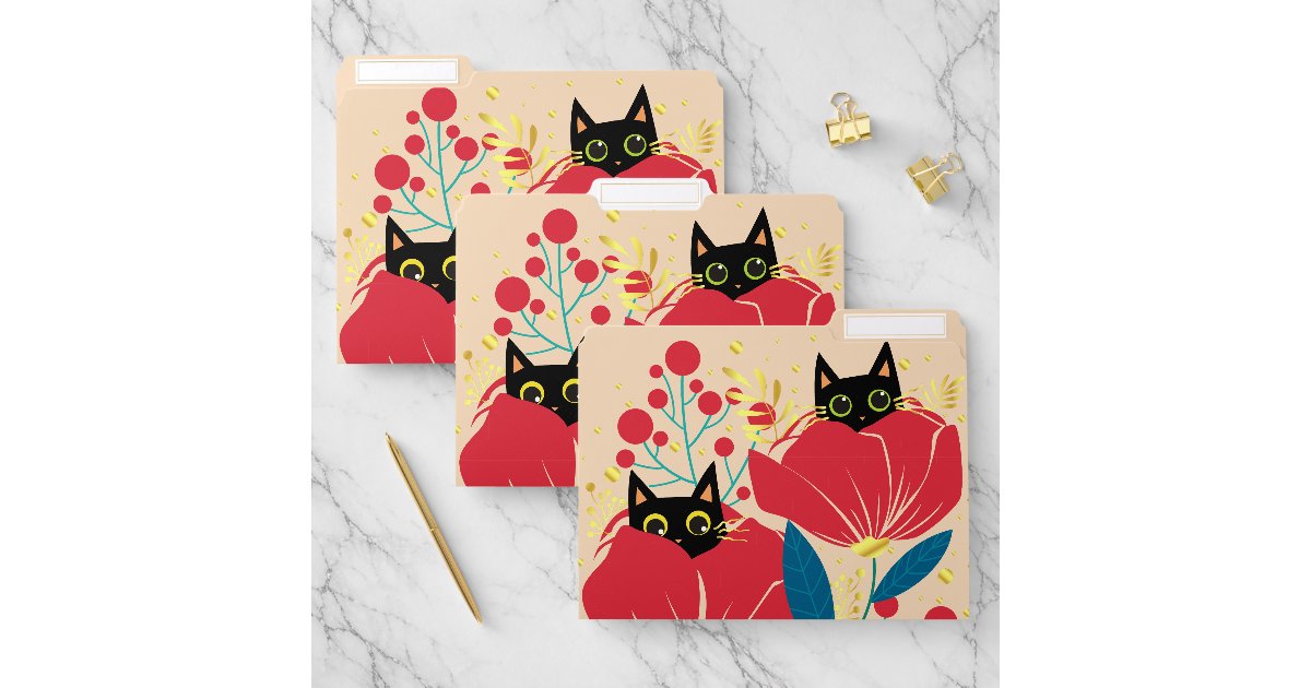 Gold Black Cat Garden Flowers File Folder | Zazzle