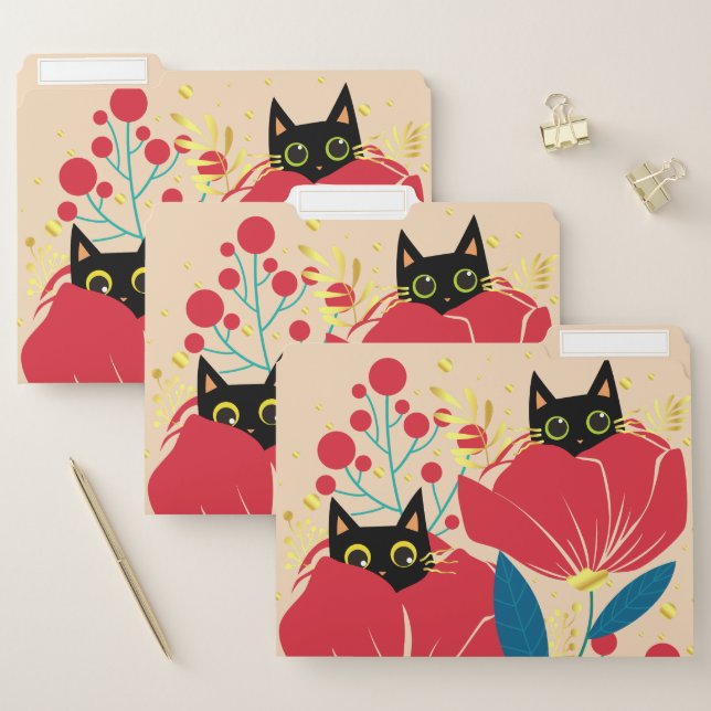 Gold Black Cat Garden Flowers File Folder (Set)