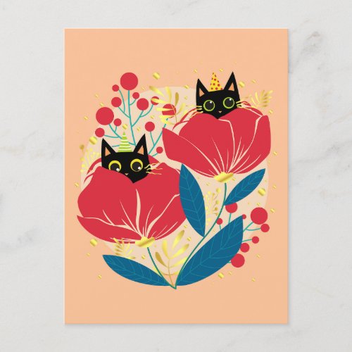 Gold Black Cat Garden Flowers Holiday Postcard