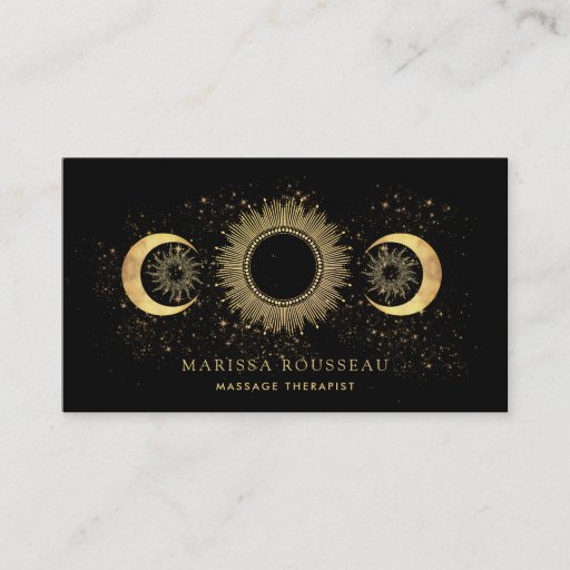 Customizable Gold Black Celestial Massage Therapist Business Card