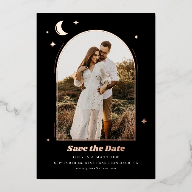 Gold Black Celestial Save the Date | Moon Photo Foil Invitation (Front)