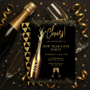 Gold & Black Champagne Bottle New Year's Eve Party Invitation