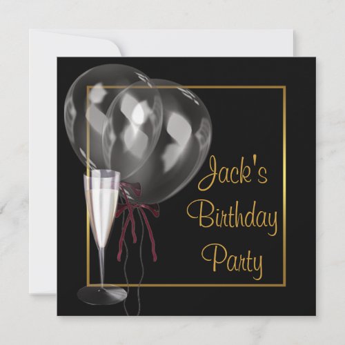 Gold Black Champagne Mans Birthday Party Custom Invitations