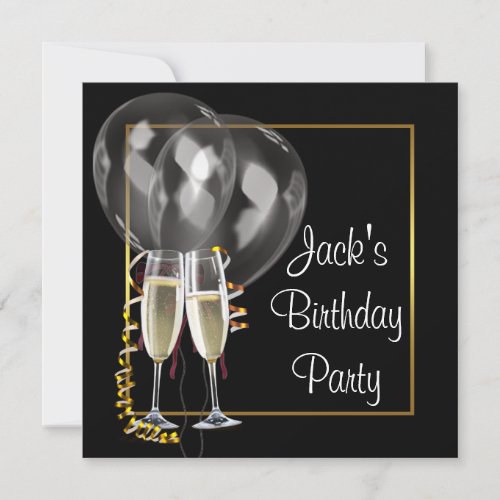 Gold Black Champagne Mans Birthday Party Personalized Invitations