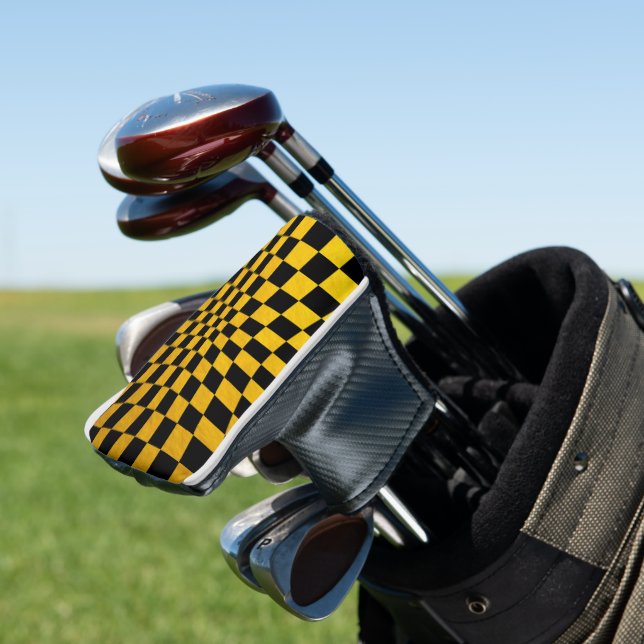 Gold & Black Checked square Mosaic Golf Head Cover (In Situ)