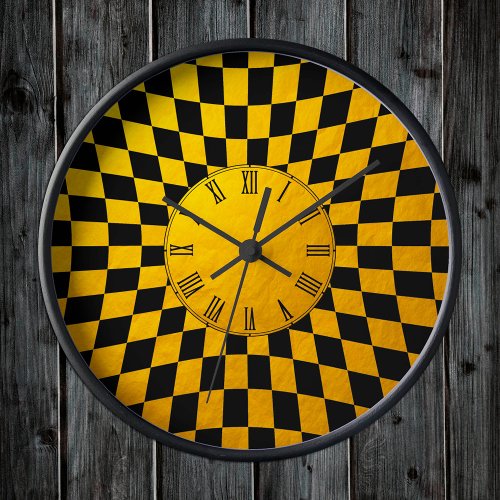 Gold  Black Checked square pattern  Retro design Clock