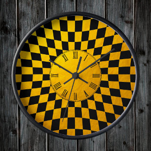 Gold & Black Checked square pattern / Retro design Round Clock
