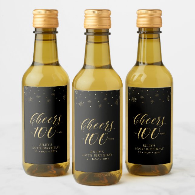 Gold & Black Cheers 100 years 100th Birthday Party Wine Label (Bottles)