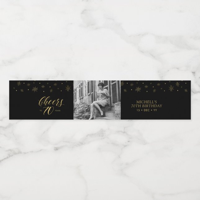 Gold & Black Cheers 70 years, 70th Birthday Party Water Bottle Label (Single Label)