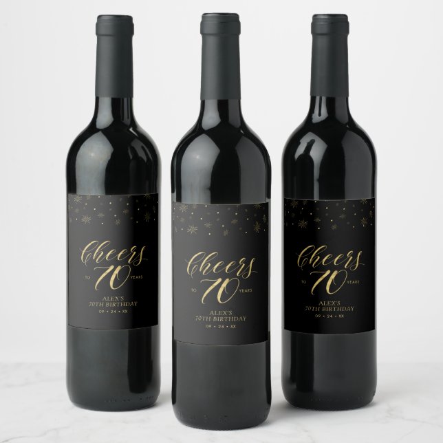 Gold & Black Cheers 70 years, 70th Birthday Party Wine Label (Bottles)