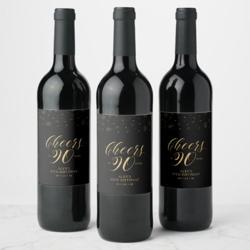 Gold  Black Cheers 90 years 90th Birthday Party Wine Label