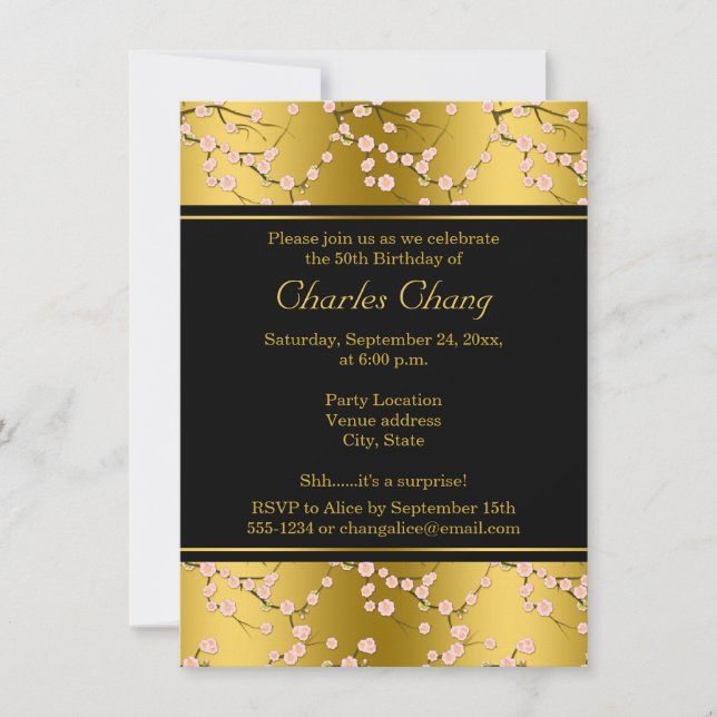 Gold, Black Cherry Blossoms 50th Birthday Invite (Front)