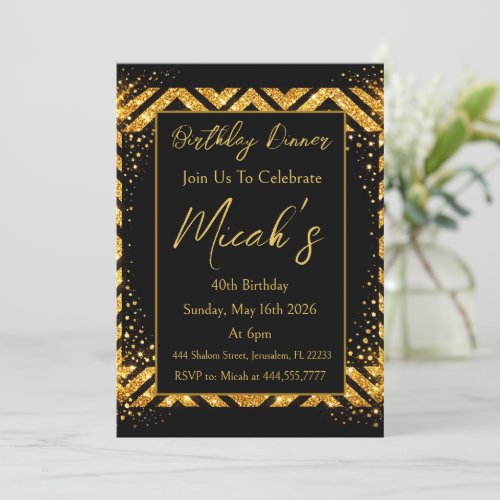 Gold Black Chevron Lines Dots Luxury Sparkle Glam Invitation
