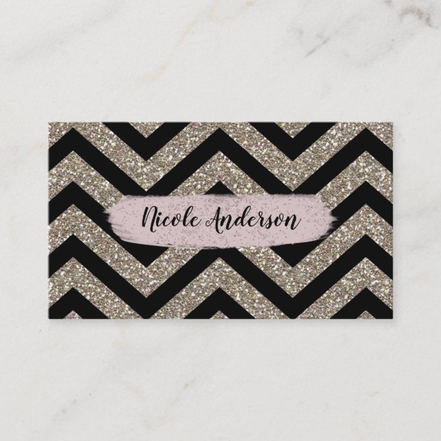 Gold Black Chevron Pink Glitter Modern Brush Glam Business Card (Front)