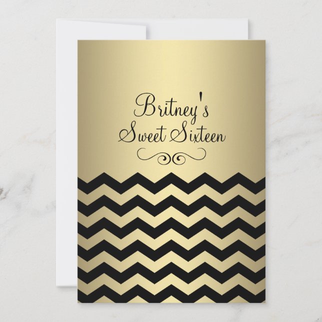 Gold & Black Chevron Sweet 16 Birthday Invite (Front)