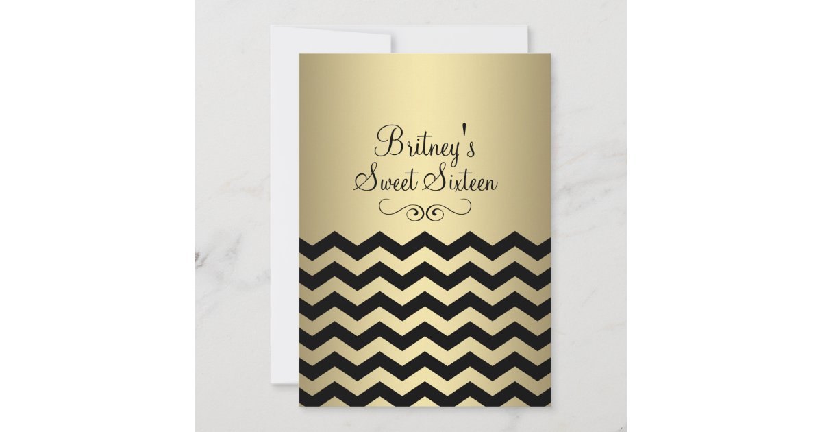 Gold & Black Chevron Sweet 16 Birthday Invite | Zazzle