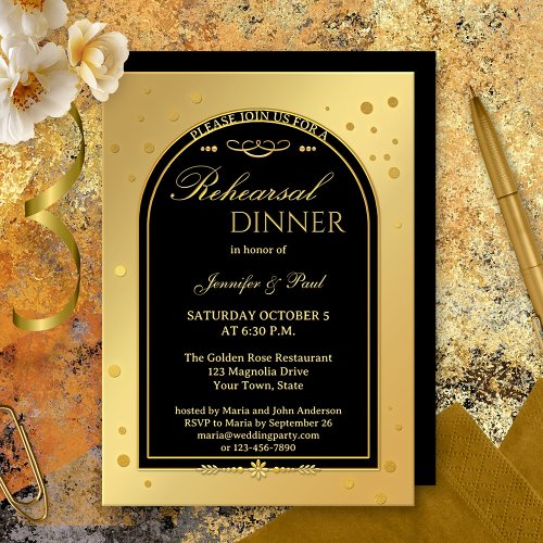 Gold Black Chic Confetti Rehearsal Dinner Invitation