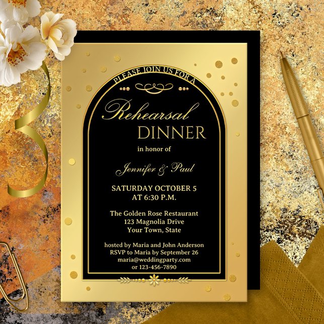 Gold Black Chic Confetti Rehearsal Dinner Invitation (A festive rehearsal dinner invitation featuring a gold and black design with confetti sparkles.)