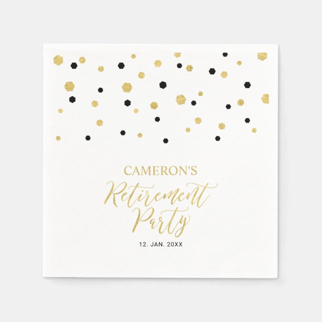 Gold & Black Chic Confetti Retirement Party Napkins (Front)