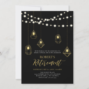 Gold & Black Chic String Lights Retirement Party Invitation
