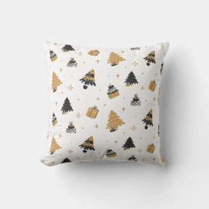 Gold Black Christmas Tree and Gifts Pattern Throw Pillow