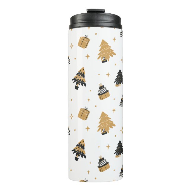 Gold Black Christmas Trees Pattern Thermal Tumbler (Front)