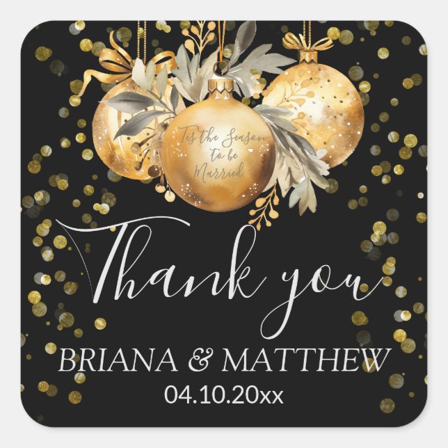 Gold Black Christmas Wedding Favor Square Sticker (Front)